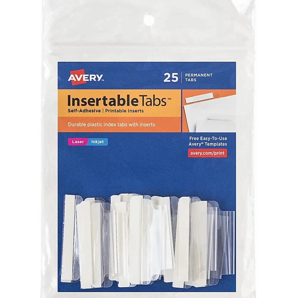 Avery® Insertable Self-Adhesive Index Tabs With Printable Inserts, 1.5", Clear, Pack Of 25