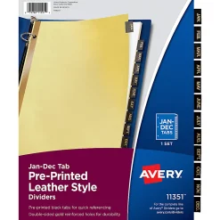 Avery® Jan-Dec Dividers For 3 Ring Binders, 8-1/2" x 11", 12-Tab Set, Pre-Printed Black Leatherette Tabs, 1 Binder Divider Set (11351)