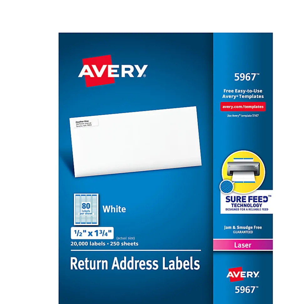 Avery® Laser Address Labels With Sure Feed® Technology, Return, AVE5967, 1/2" x 1 3/4", White, Pack Of 20,000