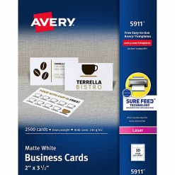 Avery® Laser Microperforated Business Cards, 2" x 3 1/2", White, Pack of 2,500