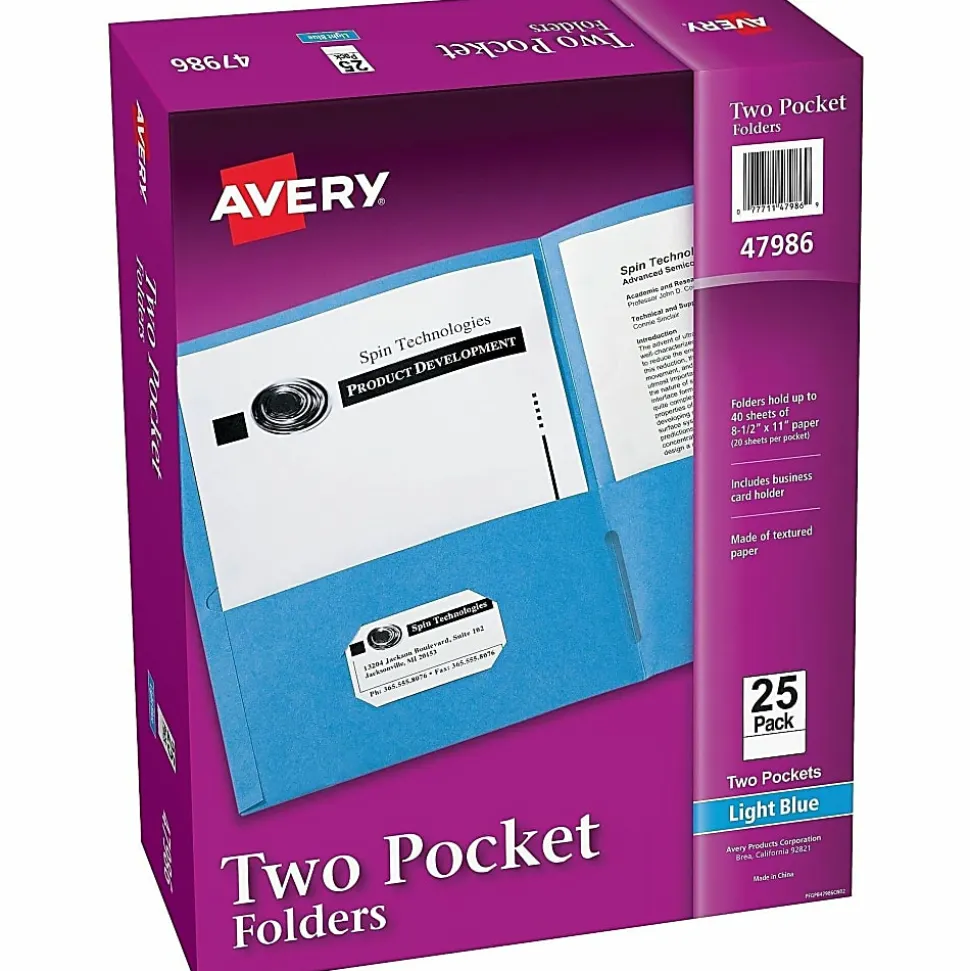 Avery® Letter Pocket Folder - 8 1/2" x 11" - 40 Sheets Capacity - 2 Internal Pocket - Light Blue - Embossed - 25/Box - 5 / Carton