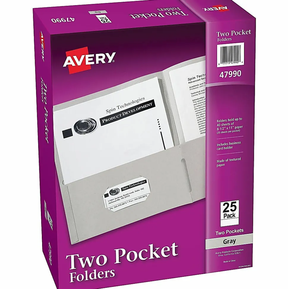 Avery® Letter Pocket Folder - 8 1/2" x 11" - 40 Sheets Capacity - 2 Internal Pocket - Embossed Paper - Gray - Embossed - 25/Box - 5 / Carton