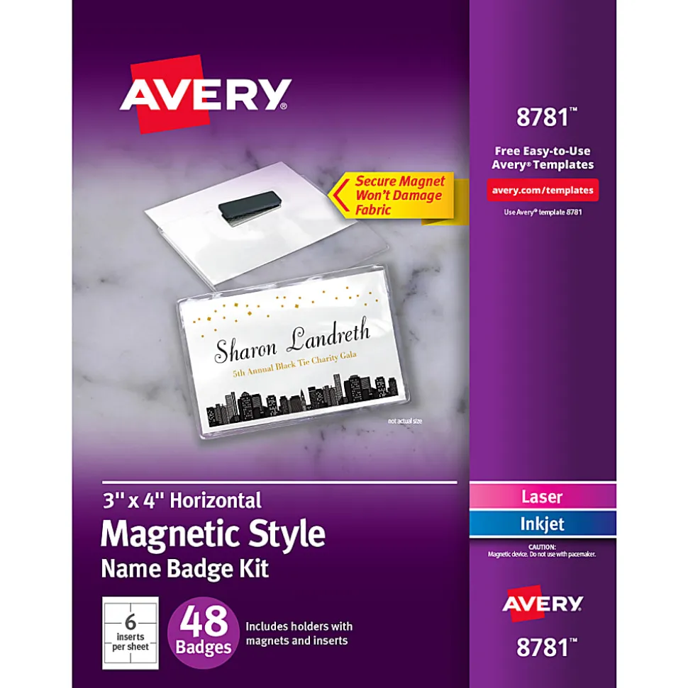 Avery® Magnetic Style Name Badge Kit, 3" x 4", White, Pack Of 48 Badges