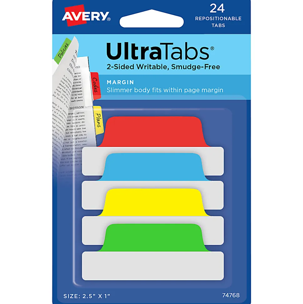 Avery® Margin Ultra Tabs®, 2.5" x 1", Assorted Primary, Set Of 24 Repositionable Tabs