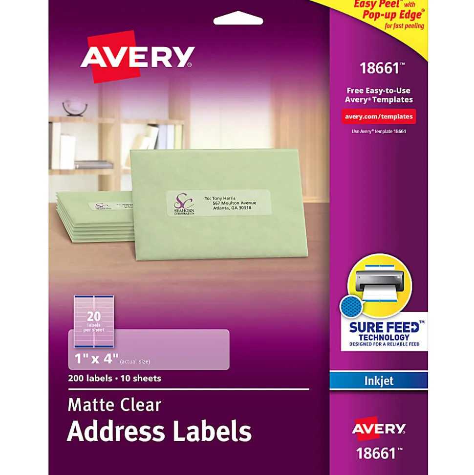 Avery® Matte Address Labels With Sure Feed® Technology, 18661, Rectangle, 1" x 4", Clear, Pack Of 200 Labels