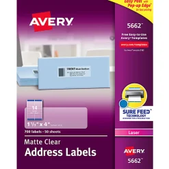 Avery® Matte Address Labels With Sure Feed® Technology, 5662, Rectangle, 1-1/3" x 4", Clear, Pack Of 700 Labels