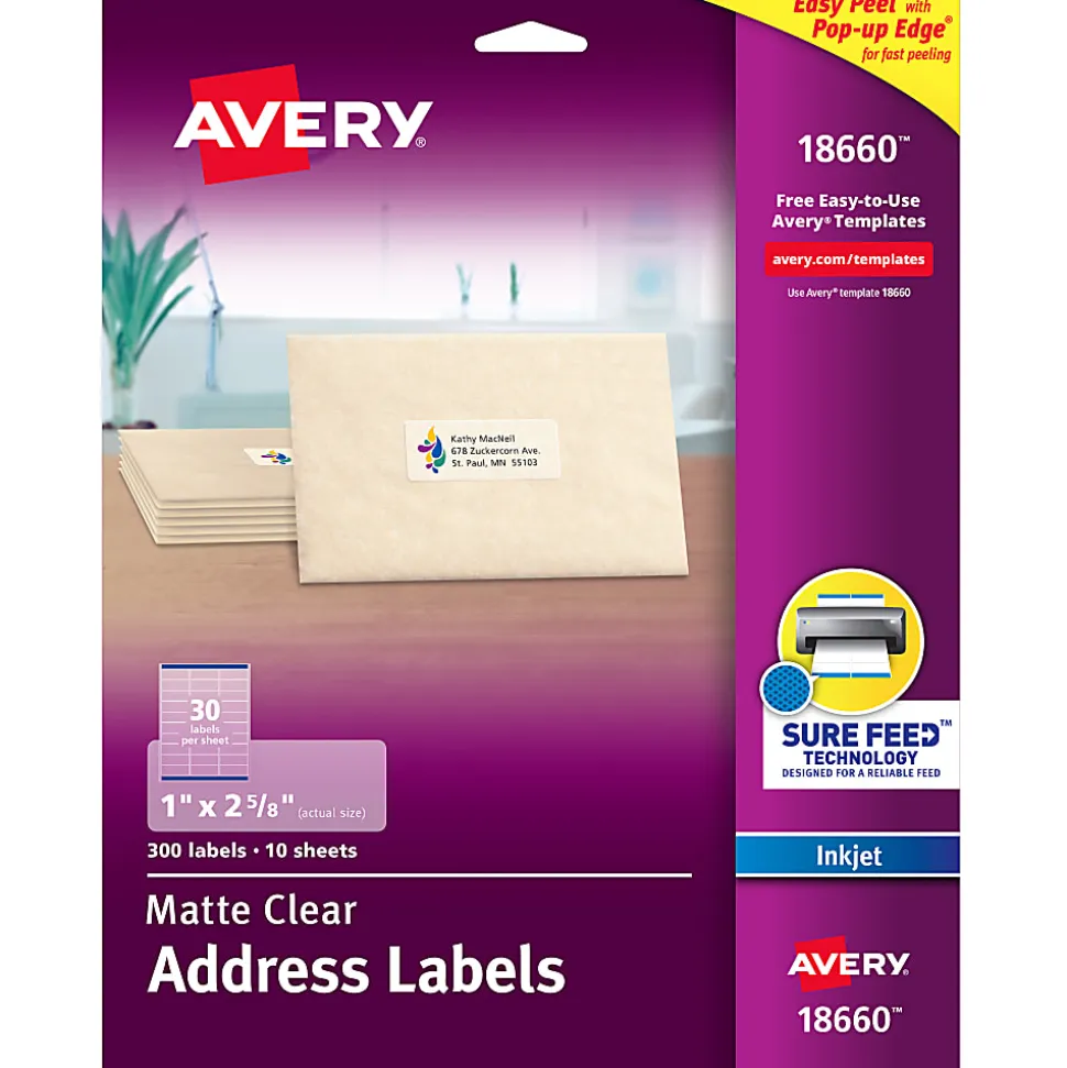 Avery® Matte Address Labels With Sure Feed® Technology, 18660, Rectangle, 1" x 2-5/8", Clear, Pack Of 300 Labels