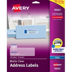 Avery® Matte Address Labels With Sure Feed® Technology, 18662, Rectangle, 1-1/3" x 4", Clear, Pack Of 140