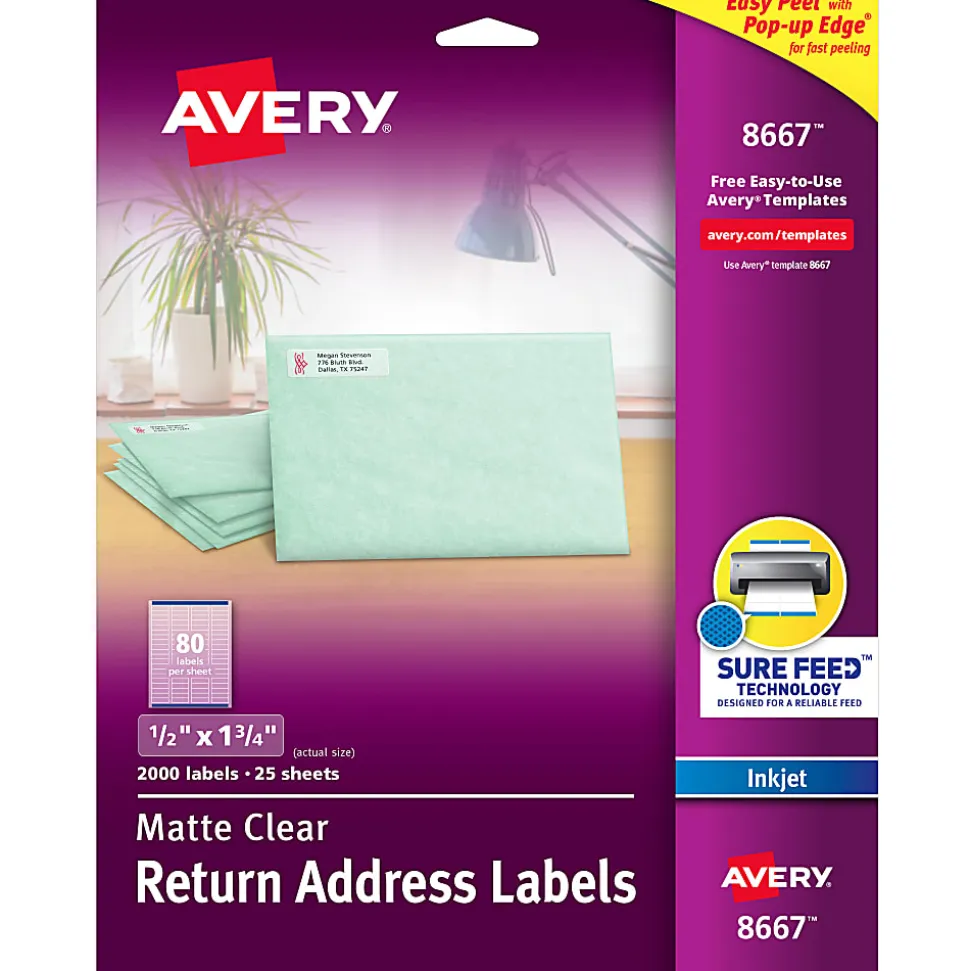 Avery® Matte Return Address Labels With Sure Feed® Technology, 8667, Rectangle, 1/2" x 1-3/4", Clear, Pack Of 2,000