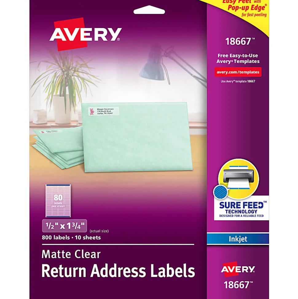 Avery® Matte Return Address Labels With Sure Feed® Technology, 18667, Rectangle, 1/2" x 1-3/4", Clear, Pack Of 800