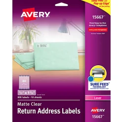 Avery® Matte Return Address Labels With Sure Feed® Technology, 15667, Rectangle, 1/2