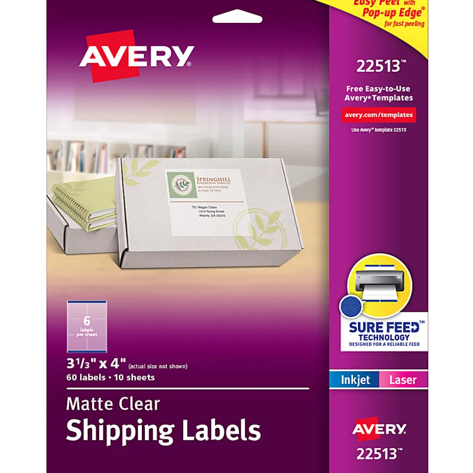 Avery® Matte Shipping Labels With Sure Feed® Technology, 22513, Rectangle, 3-1/3" x 4", Clear, Pack Of 60