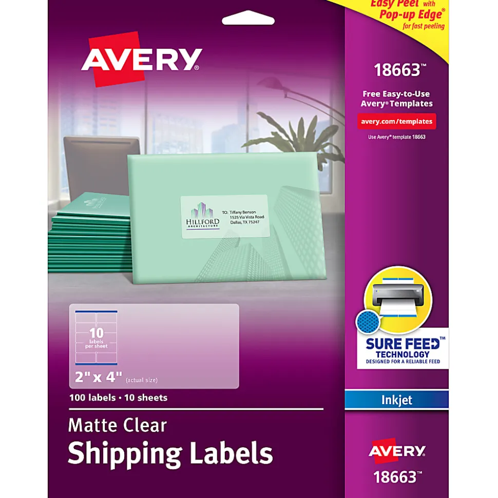 Avery® Matte Shipping Labels With Sure Feed® Technology, 18663, Rectangle, 2" x 4", Clear, Pack Of 100