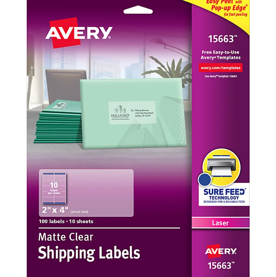Avery® Matte Shipping Labels With Sure Feed® Technology, 15663, Rectangle, 2" x 4", Clear, Pack Of 100