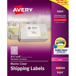 Avery® Matte Shipping Labels With Sure Feed® Technology, 5664, Rectangle, 3-1/3" x 4", Clear, Pack Of 300