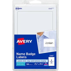 Avery® Name Tags, 05147, 2-1/3" x 3-3/8", White, 100 Removable Name Badges