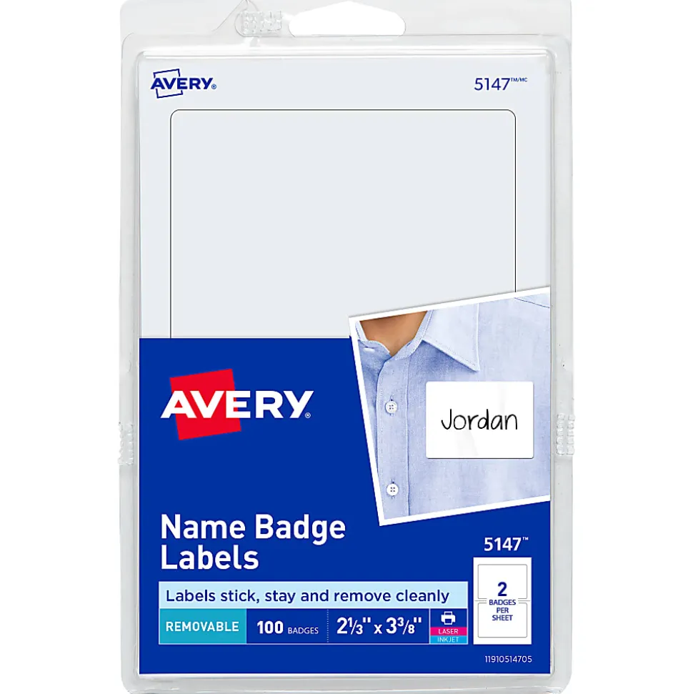 Avery® Name Tags, 05147, 2-1/3" x 3-3/8", White, 100 Removable Name Badges