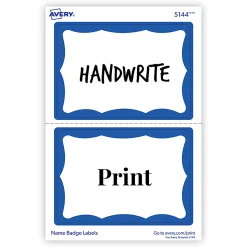 Avery® Name Tags, 05144, 2-1/3" x 3-3/8", White With Blue Border, 100 Removable Name Badges