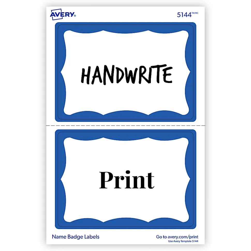 Avery® Name Tags, 05144, 2-1/3" x 3-3/8", White With Blue Border, 100 Removable Name Badges