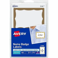 Avery® Name Tags, 05146, 2-1/3" x 3-3/8", White With Gold Border, 100 Removable Name Badges
