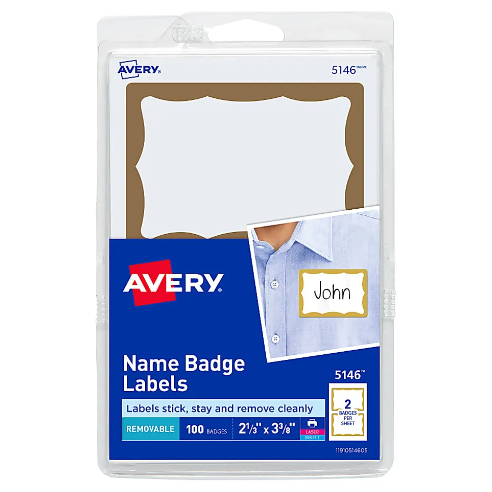Avery® Name Tags, 05146, 2-1/3" x 3-3/8", White With Gold Border, 100 Removable Name Badges