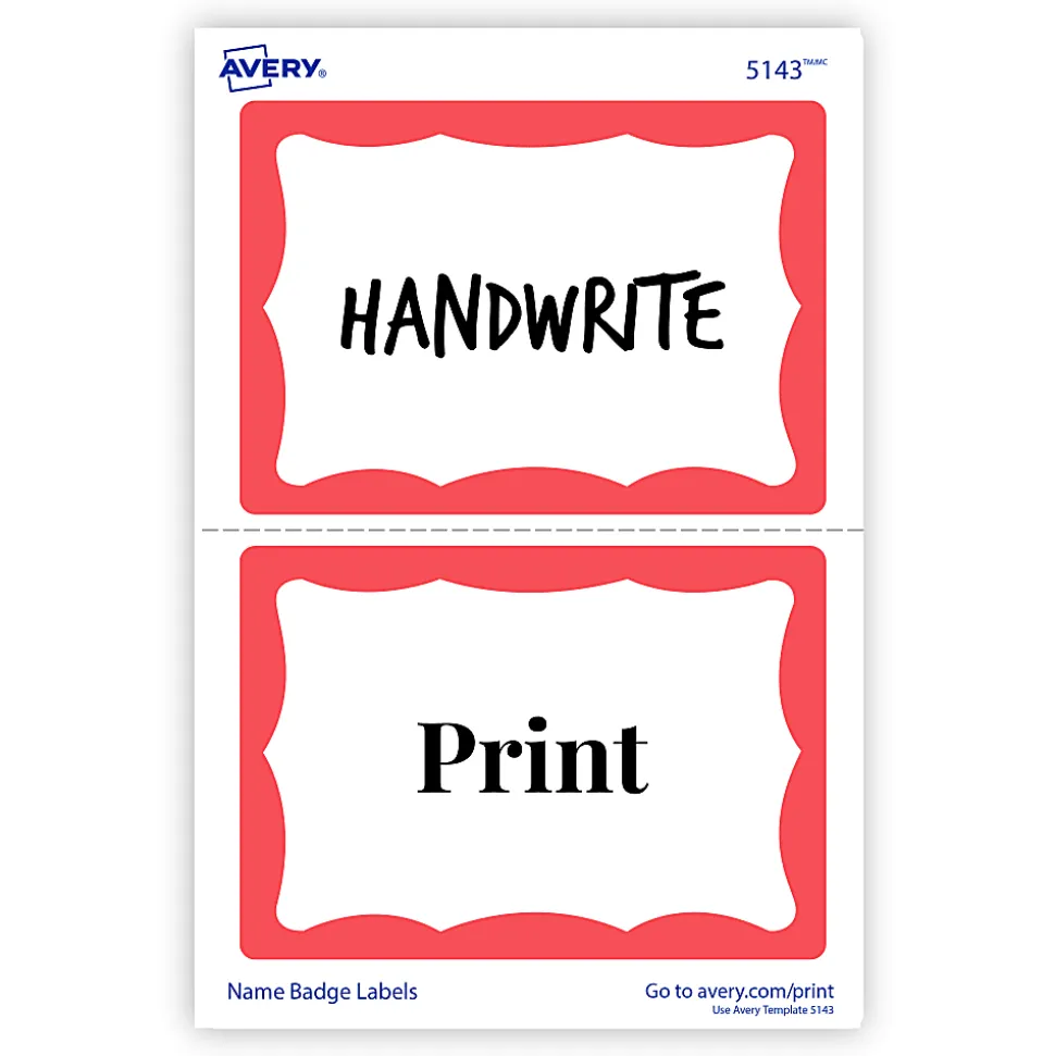 Avery® Name Tags, 05143, 2-1/3" x 3-3/8", White With Red Border, 100 Removable Name Badges