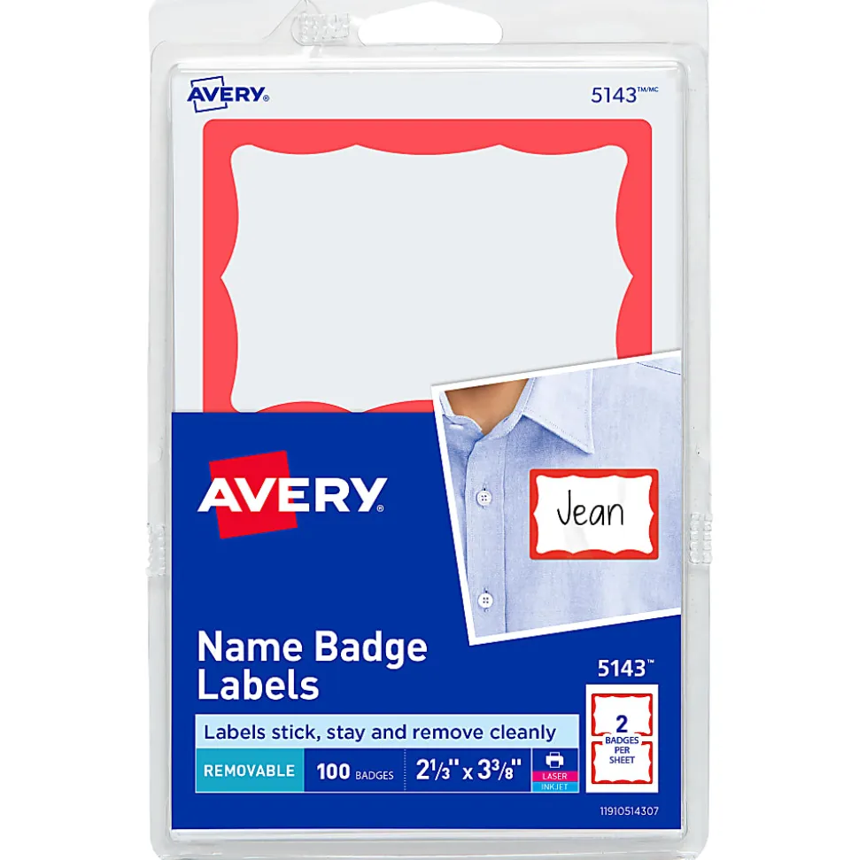 Avery® Name Tags, 05143, 2-1/3" x 3-3/8", White With Red Border, 100 Removable Name Badges