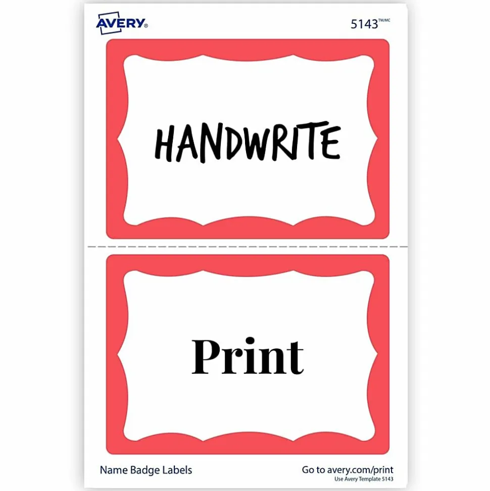 Avery® Name Tags, 05143, 2-1/3" x 3-3/8", White With Red Border, 100 Removable Name Badges