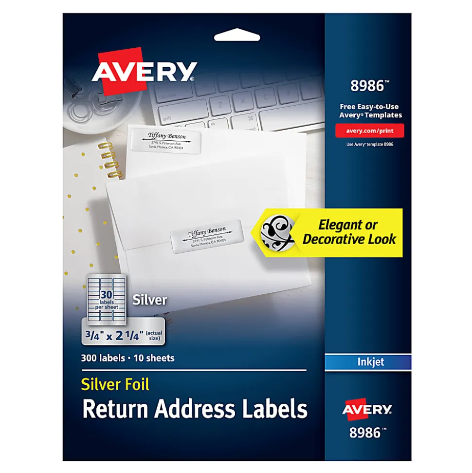 Avery® Permanent Inkjet Foil Mailing Labels, 8986, 3/4" x 2 1/4", Silver, Pack Of 300