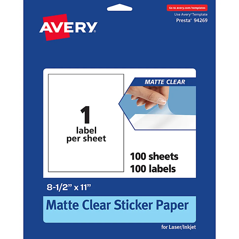 Avery® Permanent Labels, 94269-CMF100, Rectangle, 8-1/2" x 11", Matte Clear, Pack Of 100