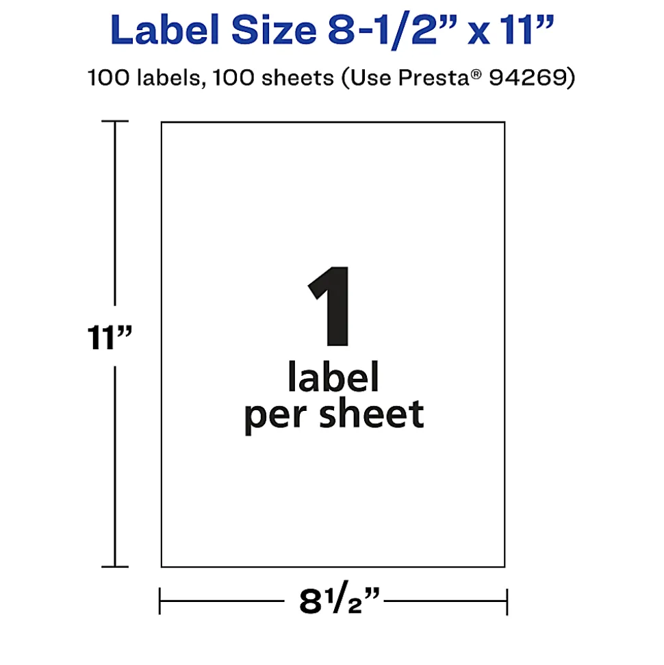 Avery® Permanent Labels, 94269-CMF100, Rectangle, 8-1/2" x 11", Matte Clear, Pack Of 100