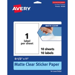Avery® Permanent Labels, 94269-CMF10, Rectangle, 8-1/2" x 11", Matte Clear, Pack Of 10