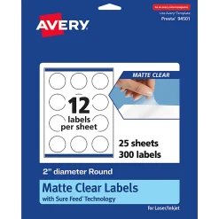 Avery® Permanent Labels With Sure Feed®, 94501-CMF25, Round, 2", Matte Clear, Pack Of 300