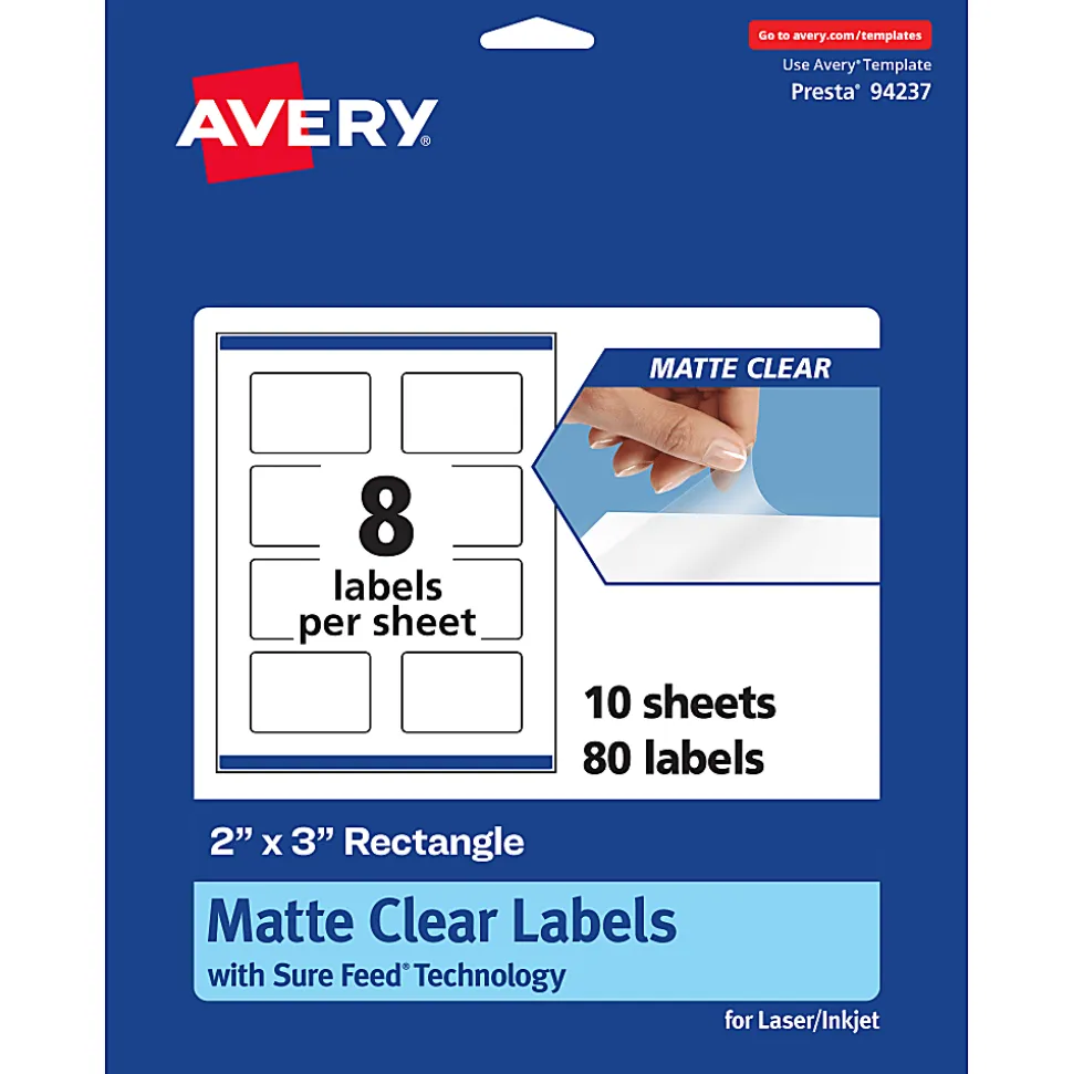 Avery® Permanent Labels With Sure Feed®, 94237-CMF10, Rectangle, 2" x 3", Matte Clear, Pack Of 80