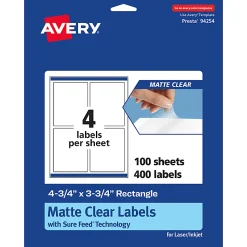 Avery® Permanent Labels With Sure Feed®, 94254-CMF100, Rectangle, 4-3/4" x 3-3/4", Matte Clear, Pack Of 400