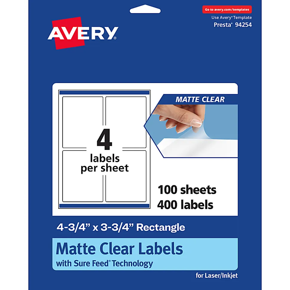 Avery® Permanent Labels With Sure Feed®, 94254-CMF100, Rectangle, 4-3/4" x 3-3/4", Matte Clear, Pack Of 400