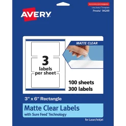 Avery® Permanent Labels With Sure Feed®, 94249-CMF100, Rectangle, 3" x 6", Matte Clear, Pack Of 300