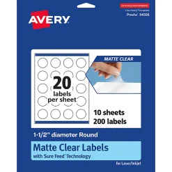 Avery® Permanent Labels With Sure Feed®, 94506-CMF10, Round, 1-1/2", Matte Clear, Pack Of 200
