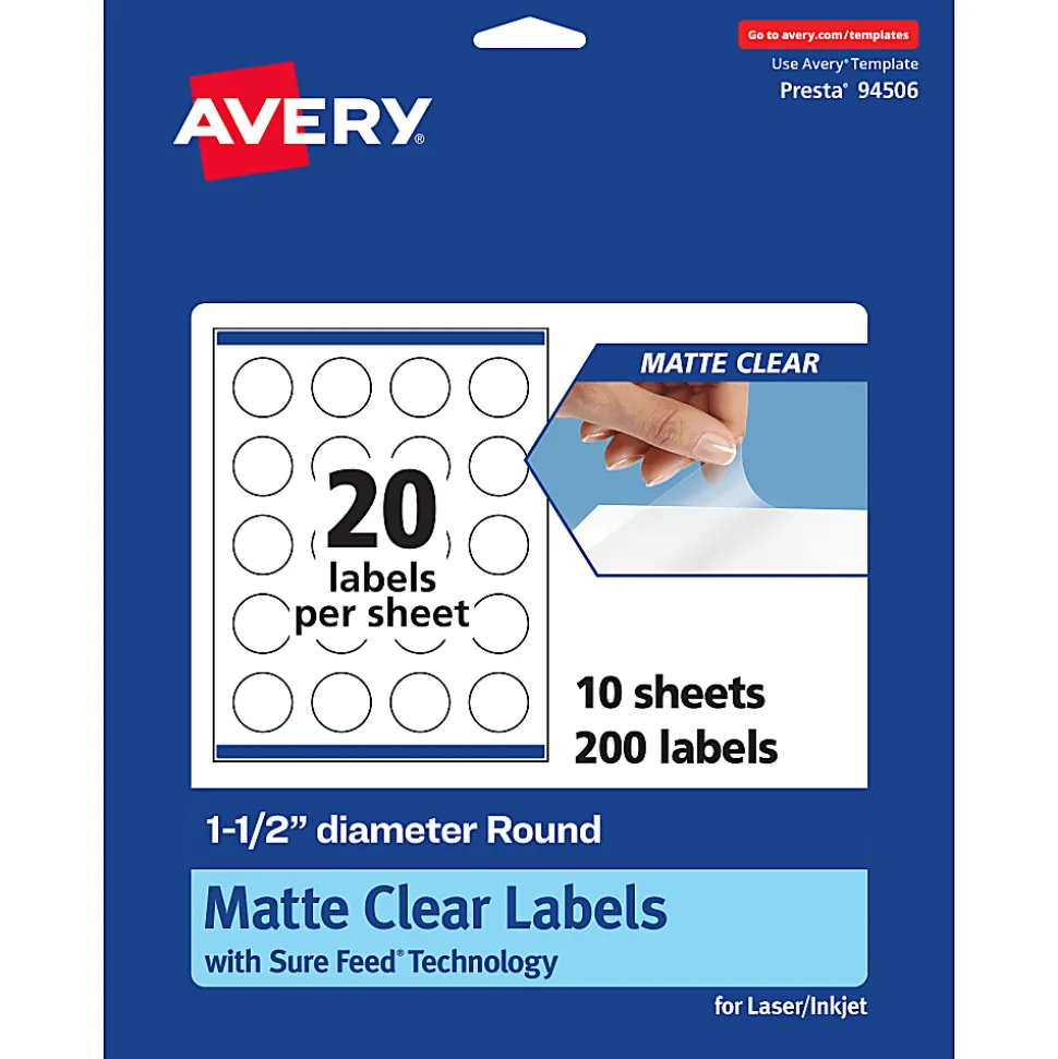 Avery® Permanent Labels With Sure Feed®, 94506-CMF10, Round, 1-1/2", Matte Clear, Pack Of 200