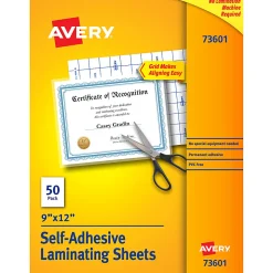 Avery® Permanent Self-Adhesive Laminating Sheets, 9" x 12", Clear, Pack Of 50