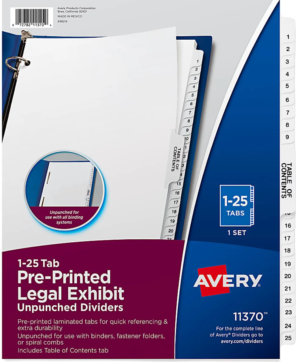 Avery® Premium Collated Legal Dividers Avery® Style, Side-Tab, 1-25 & Table Of Contents, 8-1/2" x 11"