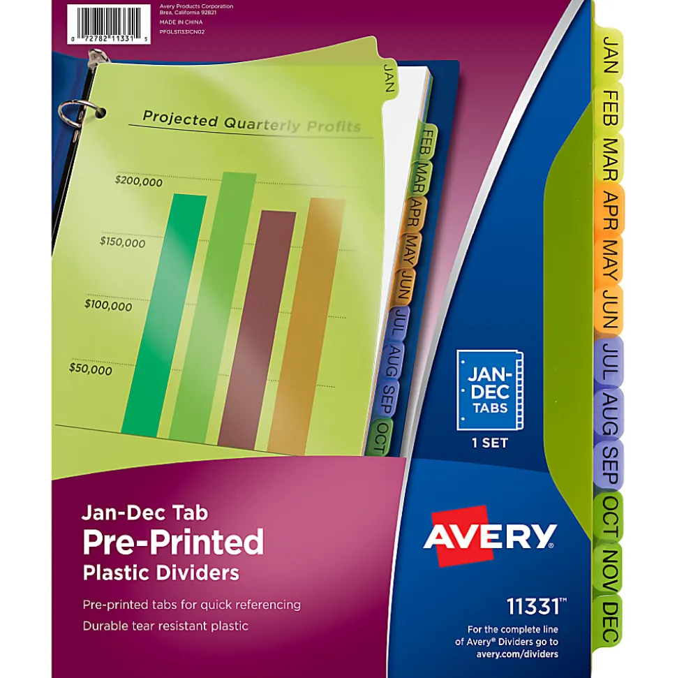 Avery® Preprinted Tab Plastic Dividers, 8 1/2" x 11", Jan-Dec Tabs, Multicolor, Set Of 12
