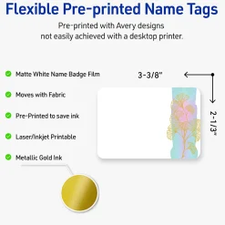 Avery® Printable Adhesive Name Badges/Preprinted Designs, Rectangle, S00-EVS, 2-1/3" x 3-3/8", Matte White/Watercolors/Gold Ginkgo Leaves, Pack Of 80