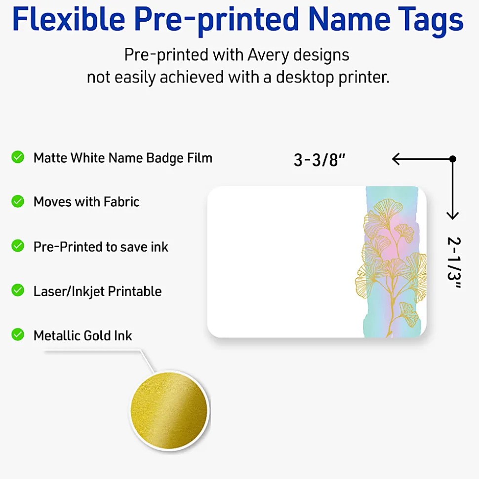 Avery® Printable Adhesive Name Badges/Preprinted Designs, Rectangle, S00-EVS, 2-1/3" x 3-3/8", Matte White/Watercolors/Gold Ginkgo Leaves, Pack Of 80