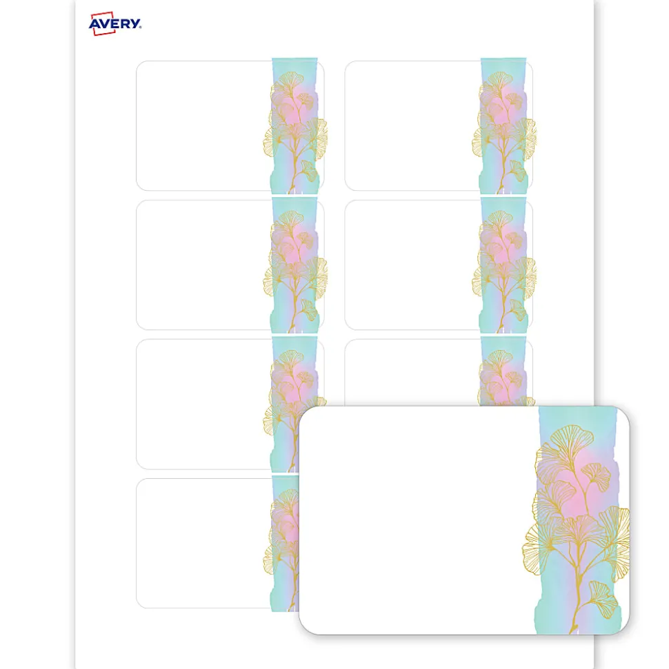 Avery® Printable Adhesive Name Badges/Preprinted Designs, Rectangle, S00-EVS, 2-1/3" x 3-3/8", Matte White/Watercolors/Gold Ginkgo Leaves, Pack Of 80