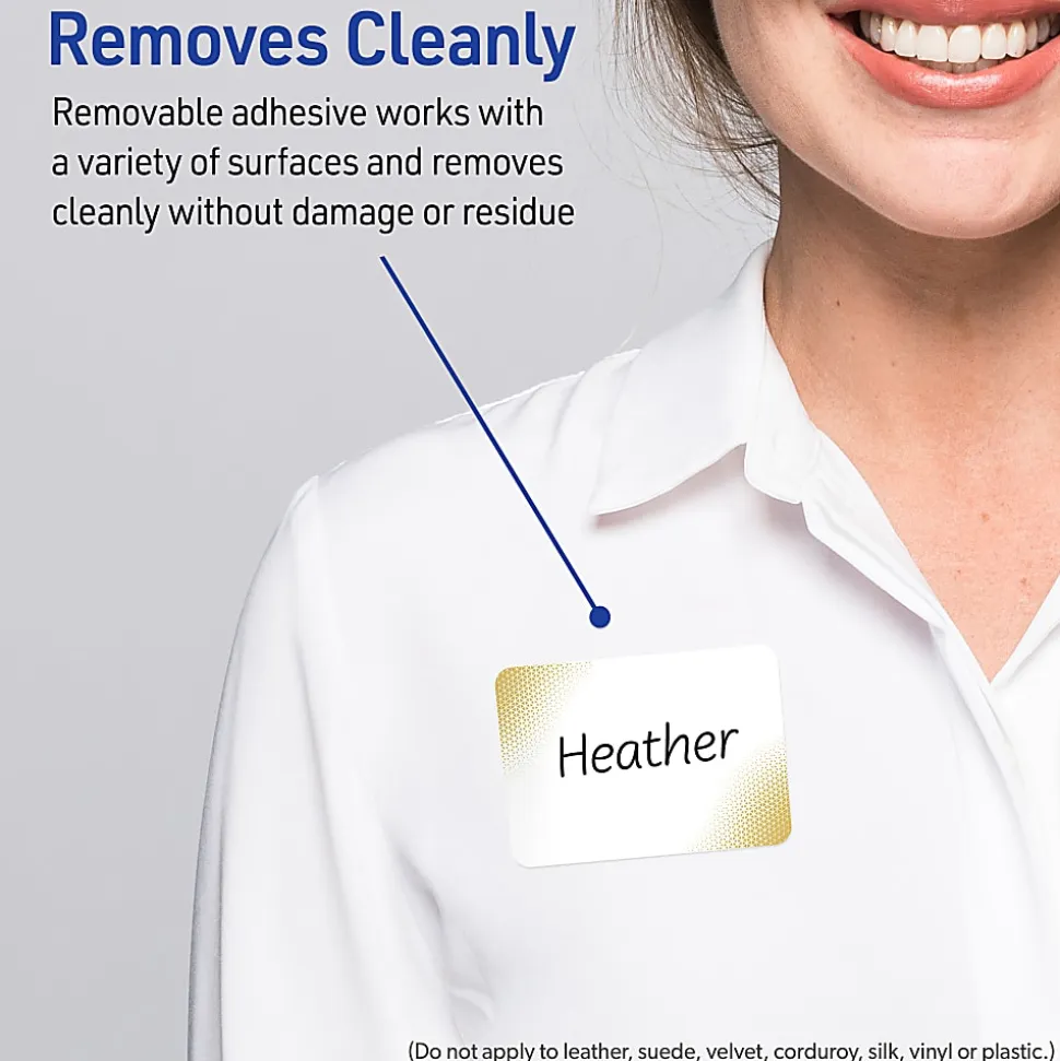Avery® Printable Adhesive Name Badges With Preprinted Designs, Rectangle, S00-EW9, 2-1/3" x 3-3/8", Matte White With Gold Blush Design, Pack Of 80
