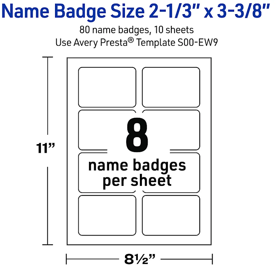 Avery® Printable Adhesive Name Badges With Preprinted Designs, Rectangle, S00-EW9, 2-1/3" x 3-3/8", Matte White With Gold Blush Design, Pack Of 80