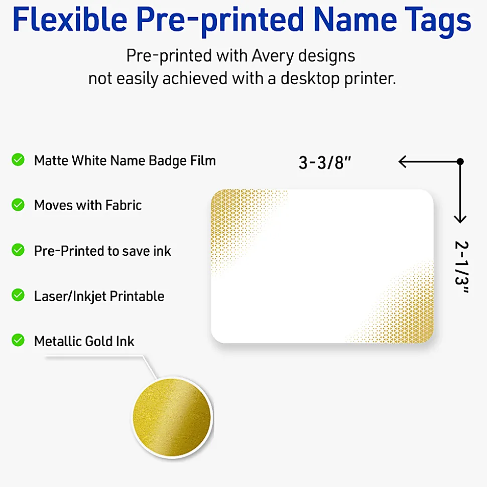 Avery® Printable Adhesive Name Badges With Preprinted Designs, Rectangle, S00-EW9, 2-1/3" x 3-3/8", Matte White With Gold Blush Design, Pack Of 80