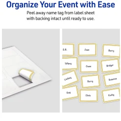 Avery® Printable Adhesive Name Badges/Preprinted Designs, Rectangle, S00-EXZ, 2-1/3" x 3-3/8", Matte White/Multi-Lined Gold Border, Pack Of 80