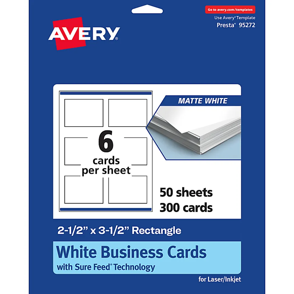 Avery® Printable Business Cards With Sure Feed® Technology, 95272-MWC50, Rectangle, 2.5" x 3.5", Matte White, Pack Of 300